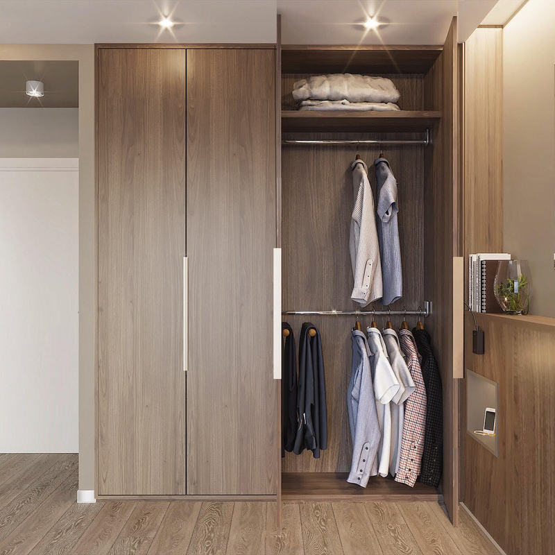 Moderno formé la madera del guardarropa de la puerta de oscilación texturizo la chapa de la madera con el armario de lujo ligero llevado del dormitorio
