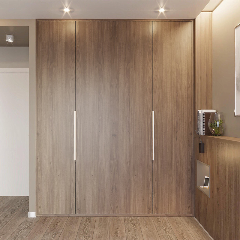 Moderno formé la madera del guardarropa de la puerta de oscilación texturizo la chapa de la madera con el armario de lujo ligero llevado del dormitorio