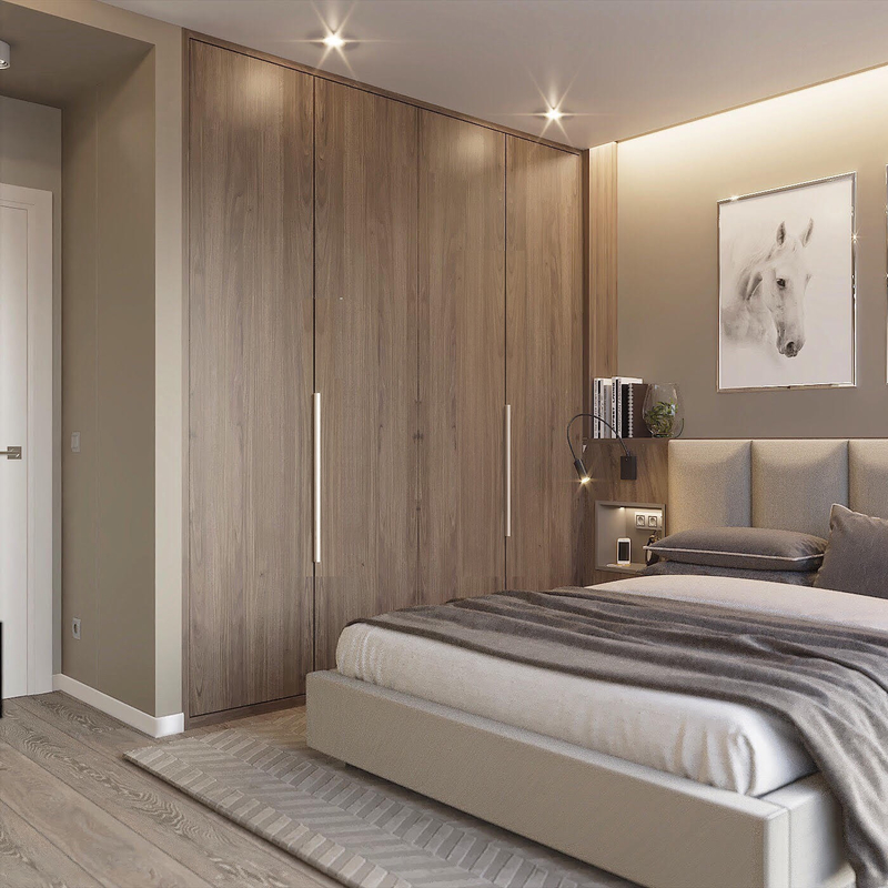 Moderno formé la madera del guardarropa de la puerta de oscilación texturizo la chapa de la madera con el armario de lujo ligero llevado del dormitorio