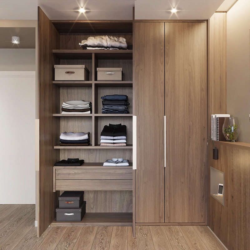 Moderno formé la madera del guardarropa de la puerta de oscilación texturizo la chapa de la madera con el armario de lujo ligero llevado del dormitorio