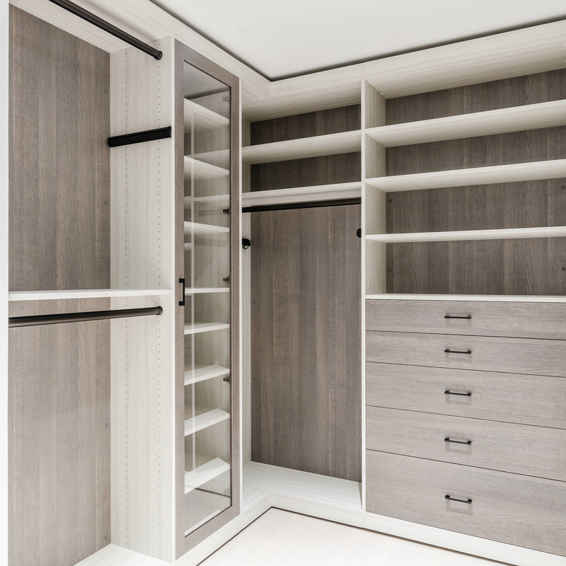 U forma el paseo de madera de Matte Grey Melamine Walk Through Wardrobe en almacenamiento del traje