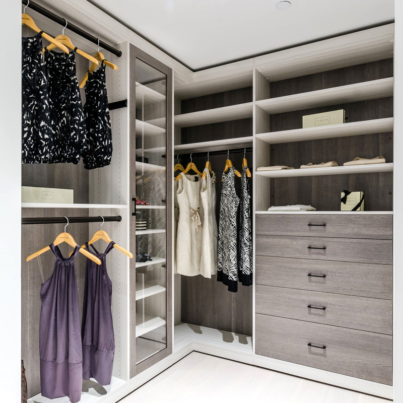 U forma el paseo de madera de Matte Grey Melamine Walk Through Wardrobe en almacenamiento del traje