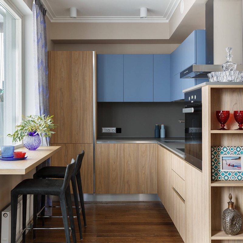 Cocina libre de la manija de la laca de armario de cocina de madera del color azul del grano fijada con la encimera
