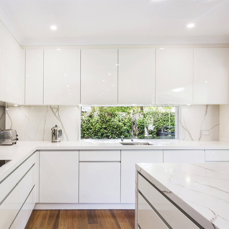Forma de L del gabinete de cocina de la laca blanca del alto brillo con Lazy Susan organizado isla