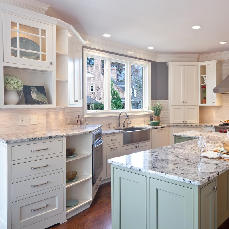 Gabinete de cocina blanco y verde del estilo de la coctelera de los muebles de la casa de la villa de la madera sólida de RTA con la encimera