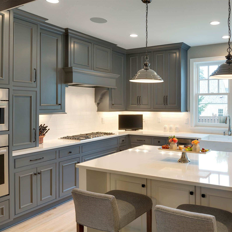 El gabinete de cocina de madera sólida de los muebles de la cocina de la forma de L clásico americano fija para la casa