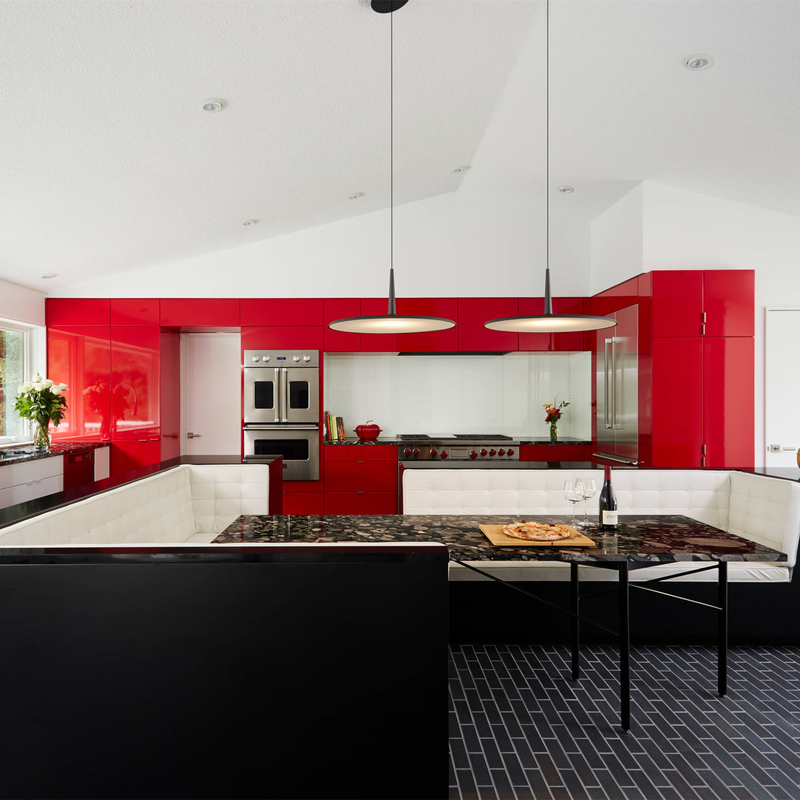 Gabinetes de cocina de color rojo vino de alto brillo Juegos completos Cocina moderna de laca de panel plano