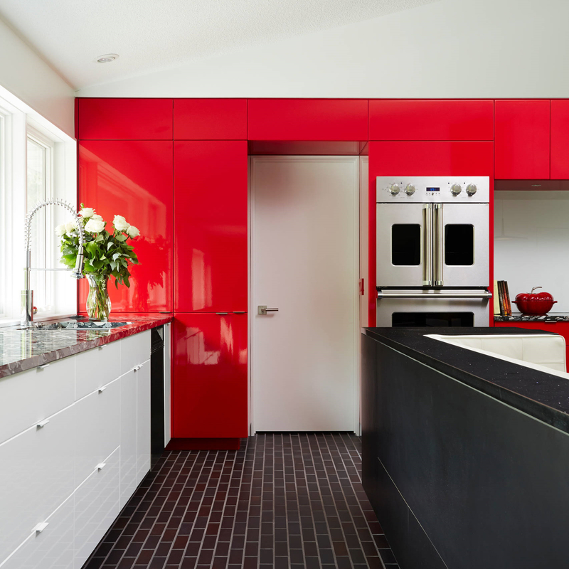 Gabinetes de cocina de color rojo vino de alto brillo Juegos completos Cocina moderna de laca de panel plano