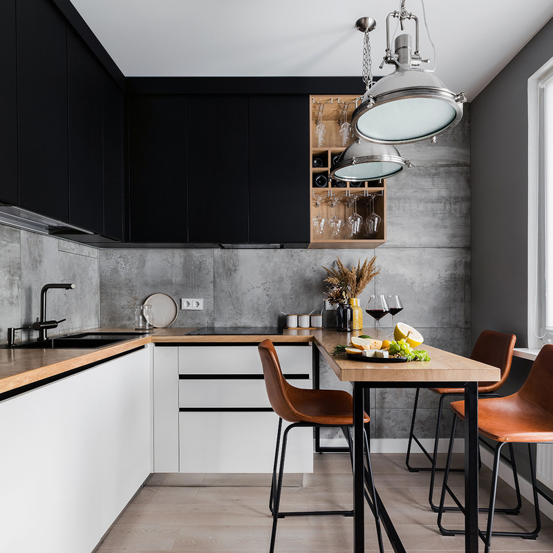 Gabinete de cocina de laca mate blanco y negro de panel plano todo en uno con manijas