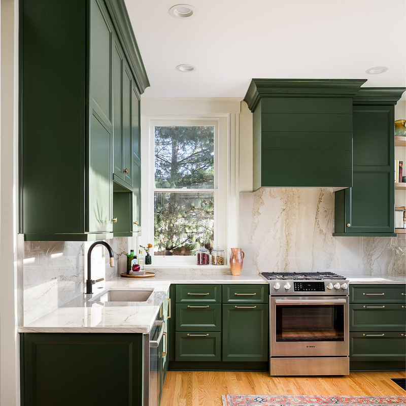 El armario de cocina americano del estilo rural diseña la cocina verde de la fabricación de la fábrica del final de la laca de los armarios de cocina verdes