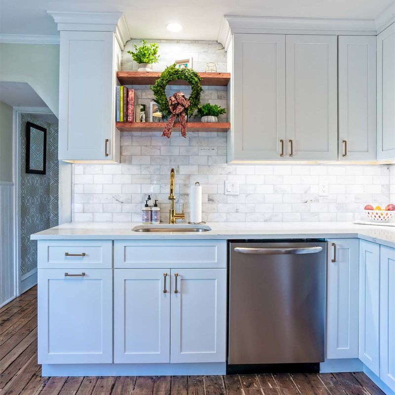 Muebles de apartamento populares y modernos estadounidenses con forma de L, armario de cocina de termofolículo blanco, con sacudidor completo