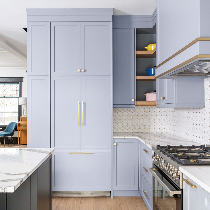 Diseño de la villa Shaker completo personalizado Grisáceo Azul Madera Sólida Estándar gabinete de cocina Armario de madera Hecho en China
