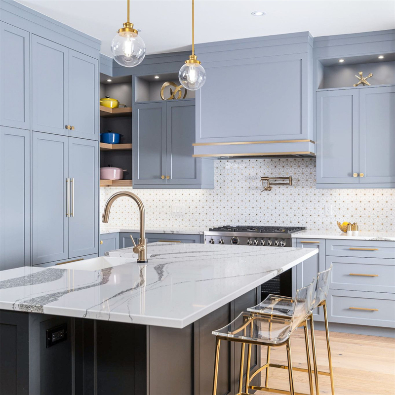 Diseño de la villa Shaker completo personalizado Grisáceo Azul Madera Sólida Estándar gabinete de cocina Armario de madera Hecho en China